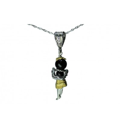 CIONDOLO SA BAMBULEDDA PICCOLA ARGENTO DORATO E COCCU IN ONICE DIAMETRO 10MM X H 35MM